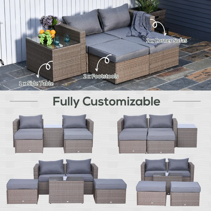 Outsunny 5 Piece Rattan Wicker Outdoor Patio Conversation Set 2 Cushioned Single Sofa Chair Foot Stool Glass End Desk Coffee Table Black