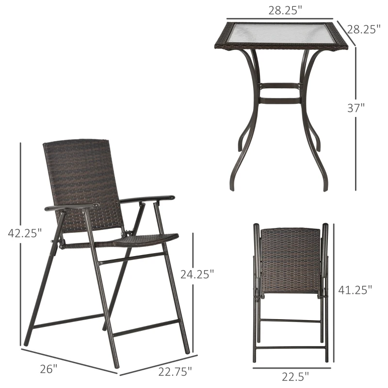 Outsunny Patio 5 PCS Rattan Wicker Bar Chairs Set Foldable Portable Outdoor & Indoor UV Resistant Barstools Garden Furniture Set w/ Glass Table Brown