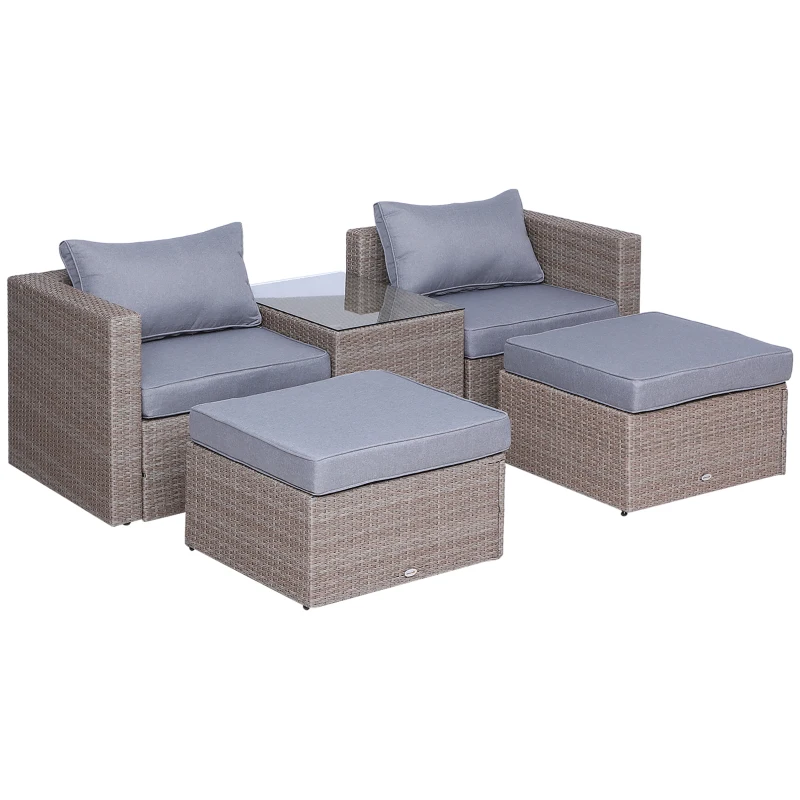 Outsunny 5 Piece Rattan Wicker Outdoor Patio Conversation Set 2 Cushioned Single Sofa Chair Foot Stool Glass End Desk Coffee Table Black