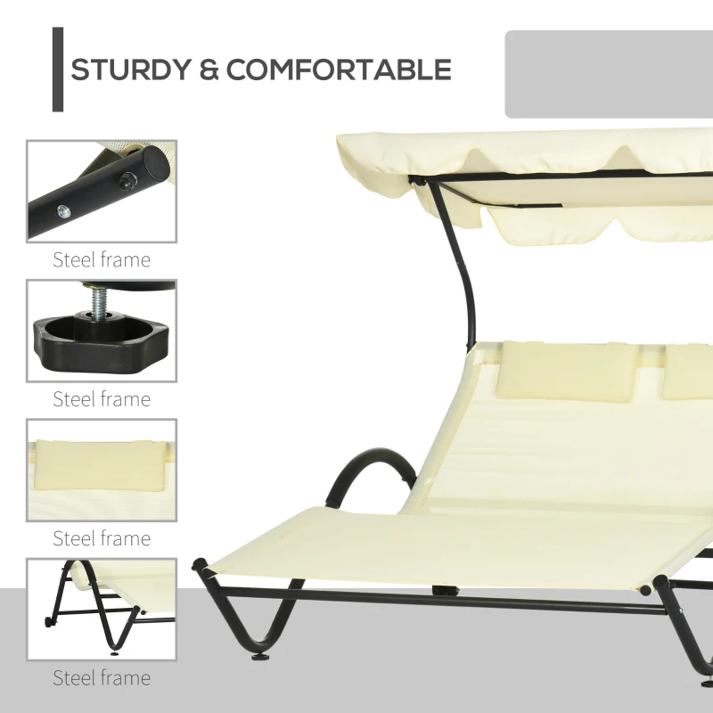 Outsunny Outdoor Patio Chaise Lounge Chair, Patio Sun Lounger w/ Sunshade Roof, for Two People with Wheels and Breathable Sling Mesh Bed, Pillows, Beige