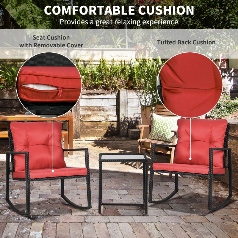 Outsunny 3 Pieces Rocking Bistro Set, Outdoor Wicker Patio Furniture with Glass Coffee Table and Outside Rocking Chairs for Porch, Conversation Sets with Thick Cushions, Red