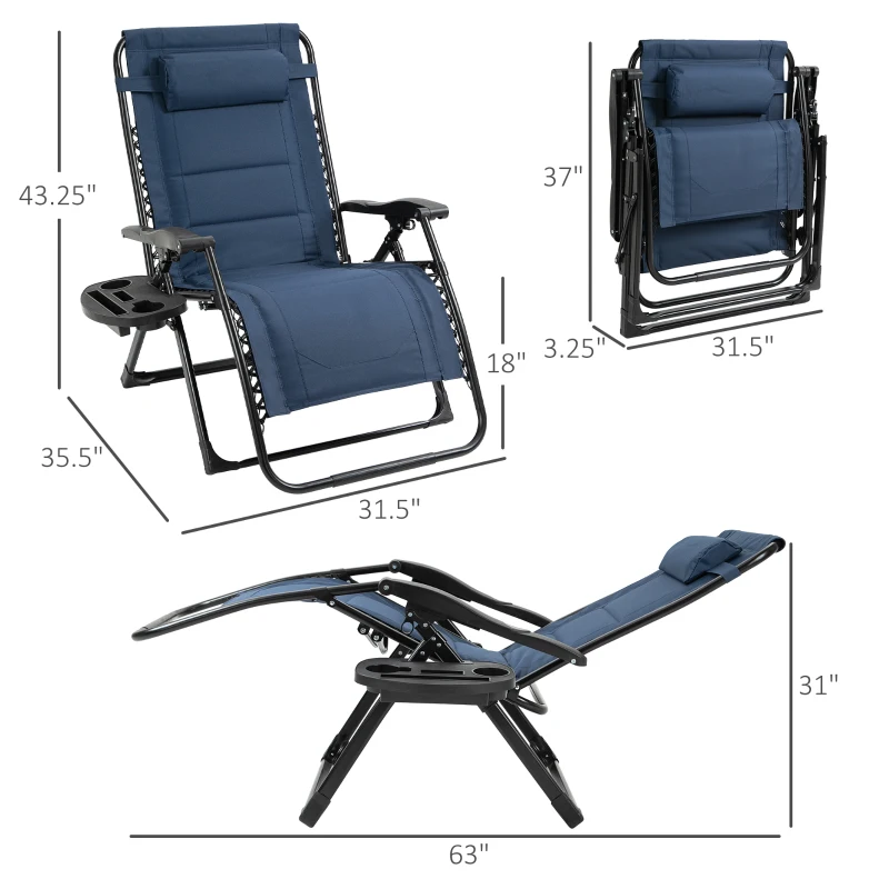 Outsunny Zero Gravity Lounger Chair, Padded Folding Reclining Patio Chair with Cup Holder, Detachable Headrest, Extra Wide Seat, 400 LBS Capacity for Pool, Camping, Blue