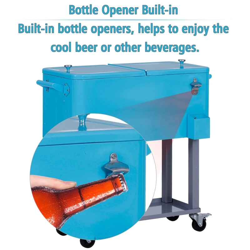 Outsunny 80 Quart Rolling Cooler Cart Portable Patio Ice Beer Beverage Cooling Bin with Bottle Opener, Catch Tray and Drain Plug Light Blue