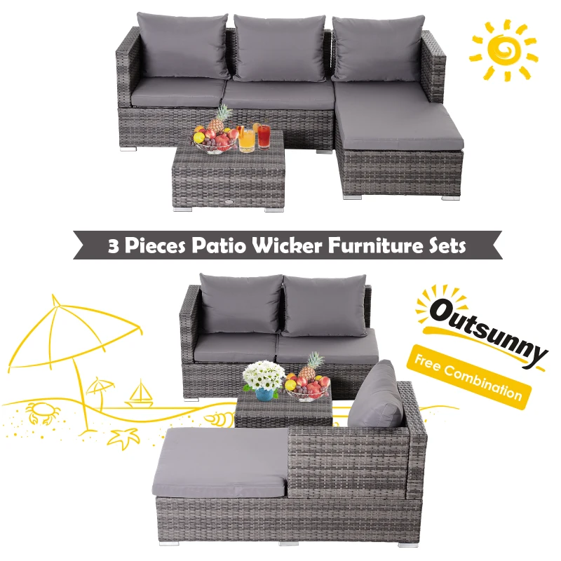 Outsunny 3 Pieces Adjustable Seat Rattan Wicker Sofa Steel Frame Furniture Set Sleeping Couch Bed Lounge w/ Storage Function Coffee Table, Grey