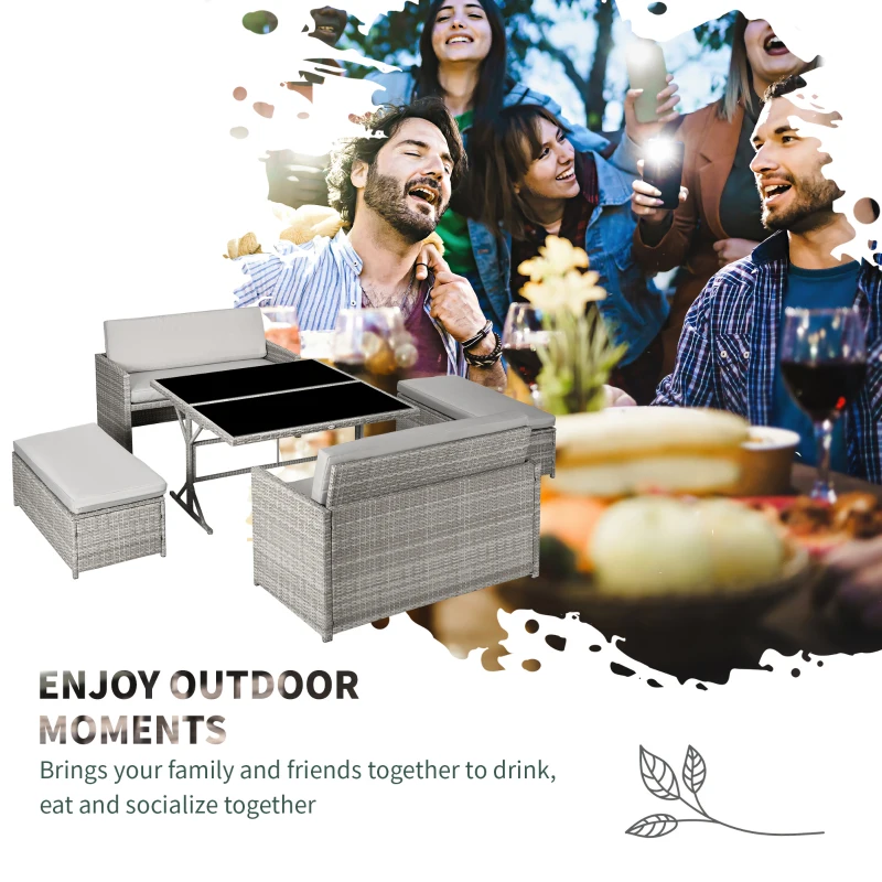 Outsunny 5 Pieces Wicker Patio Dining Set Outdoor Furniture Set with Removable Cushions, Glass Top Dining Table, Loveseats and Ottomans, Rattan Conversation Set for Garden, Grey