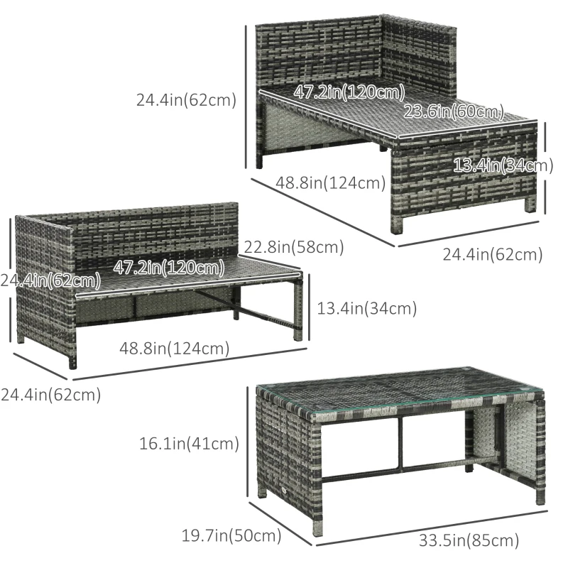Outsunny 3 Piece Outdoor Patio Furniture Set with Loveseat Sofa, Chaise Lounge, Tempered Glass Table and Cushions, Sectional Wicker Rattan conversation Set for Backyard, Grey
