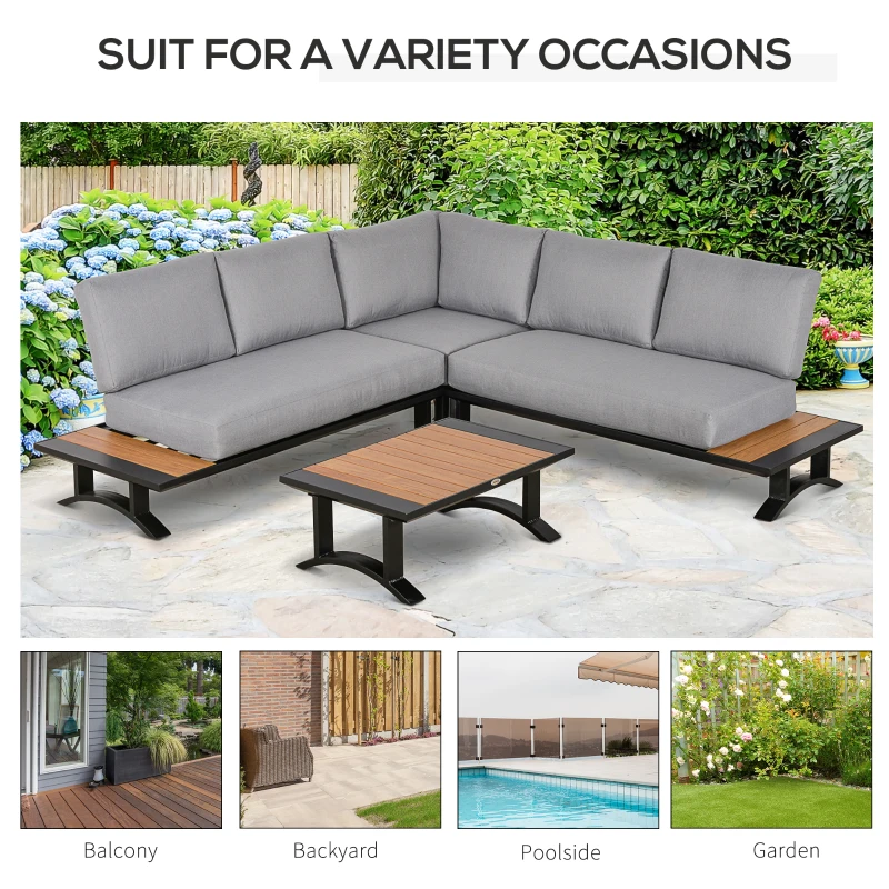 Outsunny 4 Piece Patio Conversation Set Include 2 Loveseat 1 Corner Sofa 1 Coffee Table Cushion Pillow Aluminum Framed Sectional Garden Furniture for Garden Backyard Poolside