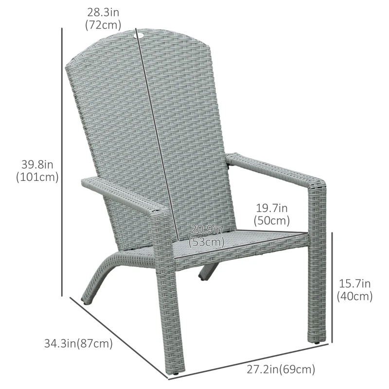 Outsunny 2 Pieces Adirondack Chair Patio Wicker Muskoka Chair, Outdoor PE Rattan Fire Pit Chair for Poolside, Balcony, Deck, Garden, Backyard, Light Grey