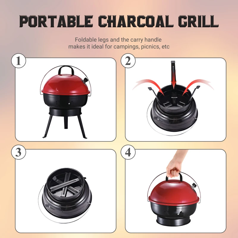 Outsunny Outdoor Lightweight Charcoal Grill Anti-Scald Handle Air Outlet Design Red