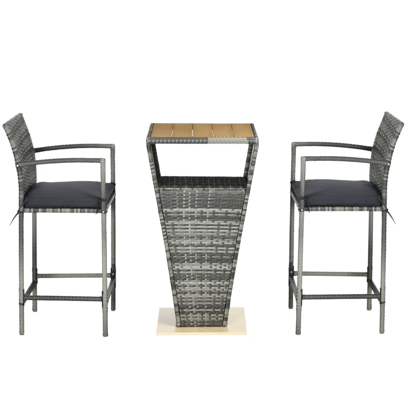 Outsunny 3 Pieces Patio Bar Set, Wicker Bistro Set, PE Rattan Bar Table and Chairs with Soft Padded Cushions, Storage Shelf, Wood Grain Plastic Top, Mixed Gray