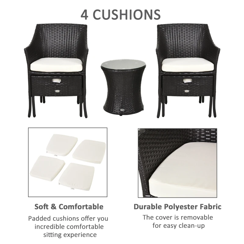 Outsunny Outdoor Indoor 5pcs Wicker Rattan Coffee Set Garden Patio Furniture Club Chair Table and Ottoman with Cushion, Dark Brown