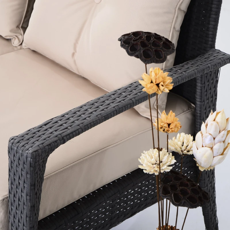 Outsunny 4pc Rattan Wicker Sofa Set Outdoor Coffee Table and Patio Seat Chair with Cushion, Brownish grey and Beige