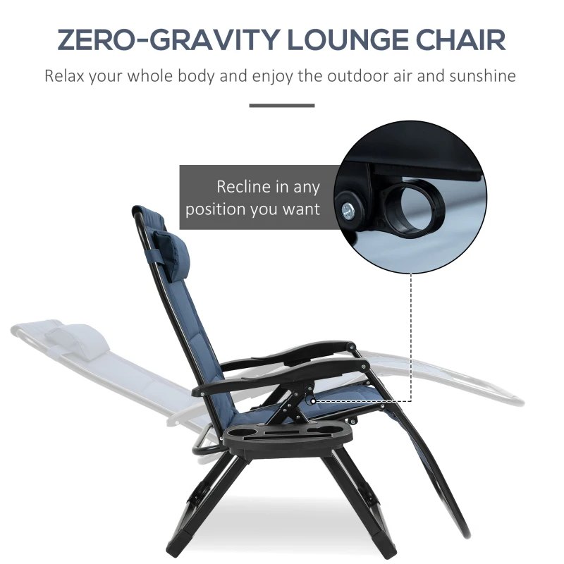 Outsunny Zero Gravity Lounger Chair, Padded Folding Reclining Patio Chair with Cup Holder, Detachable Headrest, Extra Wide Seat, 400 LBS Capacity for Pool, Camping, Blue