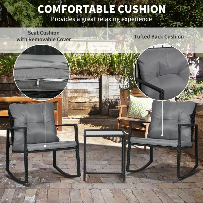 Outsunny 3 Pieces Rocking Bistro Set, Outdoor Wicker Patio Furniture with Glass Coffee Table and Outside Rocking Chairs for Porch, Lawn, Conversation Sets with Thick Cushions, Gray