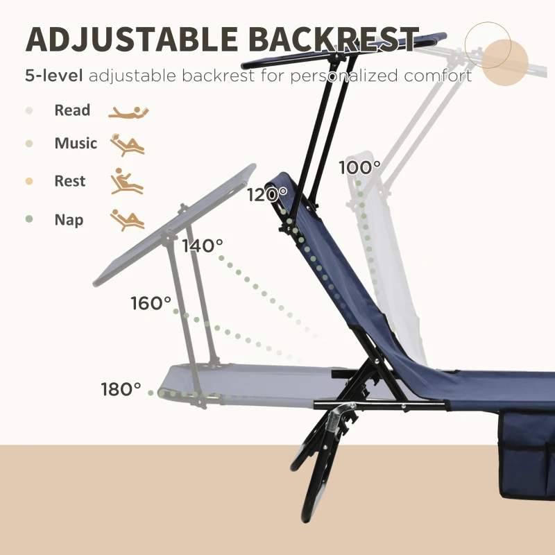 Outsunny Folding Chaise Lounge Pool Lounge Chairs Set of 2, Outdoor Sun Tanning Chairs with Canopy Shade, Reclining Back, Steel Frame and Side Pocket for Beach, Yard, Patio, Dark Blue