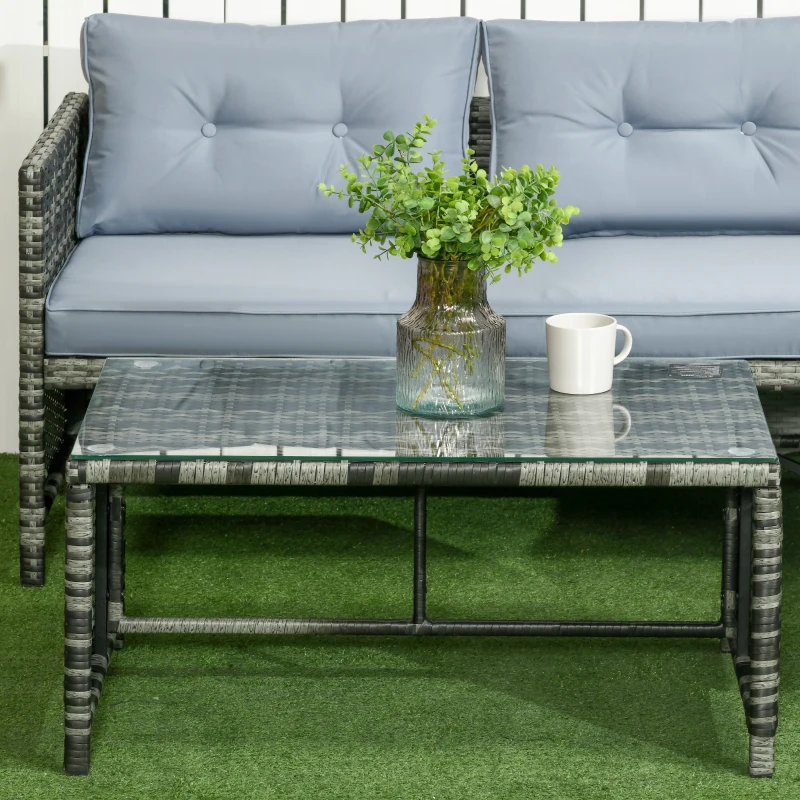 Outsunny 3 Piece Outdoor Patio Furniture Set with Loveseat Sofa, Chaise Lounge, Tempered Glass Table and Cushions, Sectional Wicker Rattan conversation Set for Backyard, Grey