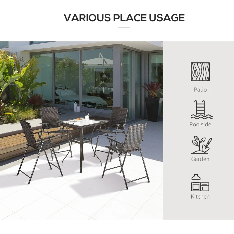 Outsunny Patio 5 PCS Rattan Wicker Bar Chairs Set Foldable Portable Outdoor & Indoor UV Resistant Barstools Garden Furniture Set w/ Glass Table Brown