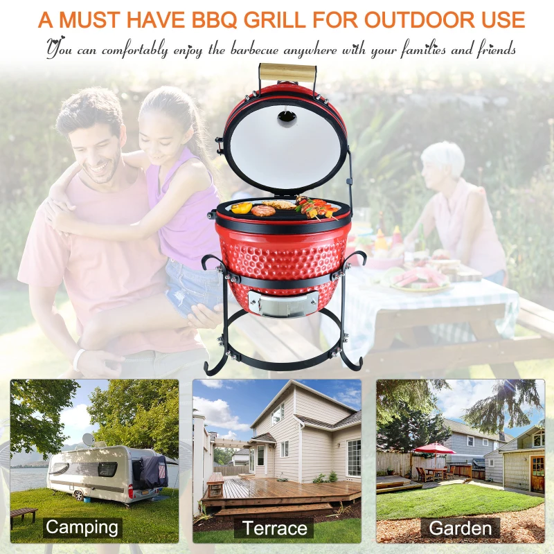 Outsunny Enamel Charcoal Grill Original BBQ Outdoor Picnic Cooking Smoker Garden Free Standing Heat Control Cooker Red
