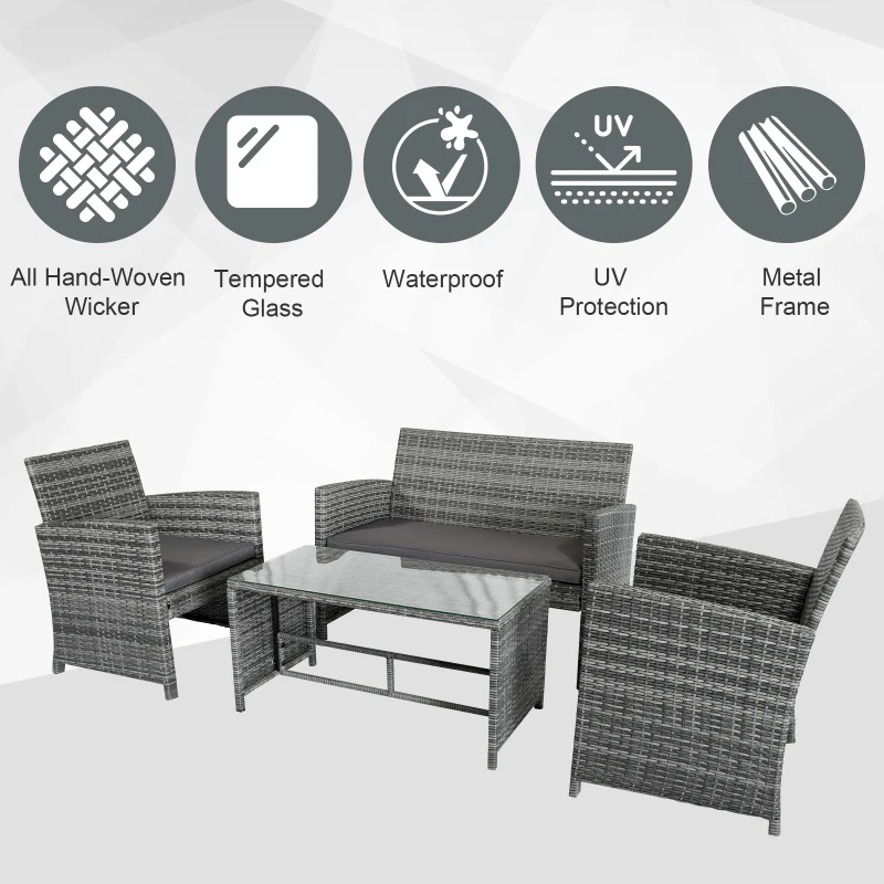 Outsunny 4 Piece Patio Furniture Set with Cushions, Outdoor PE Rattan Wicker Conversation Sofa Set with Glass Top Coffee Table and Loveseat, for Garden, Balcony, Dark Grey