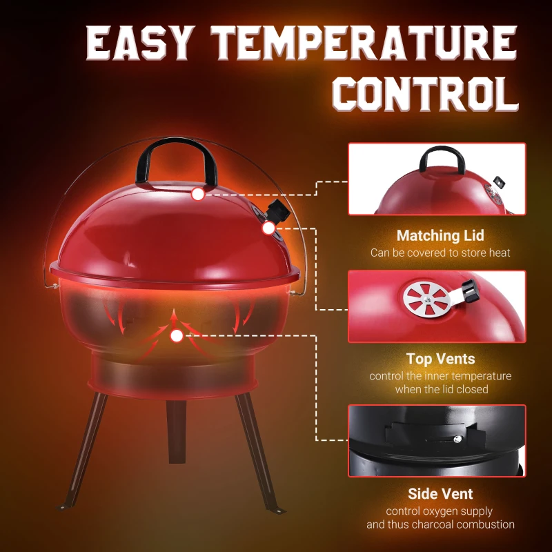 Outsunny Outdoor Lightweight Charcoal Grill Anti-Scald Handle Air Outlet Design Red