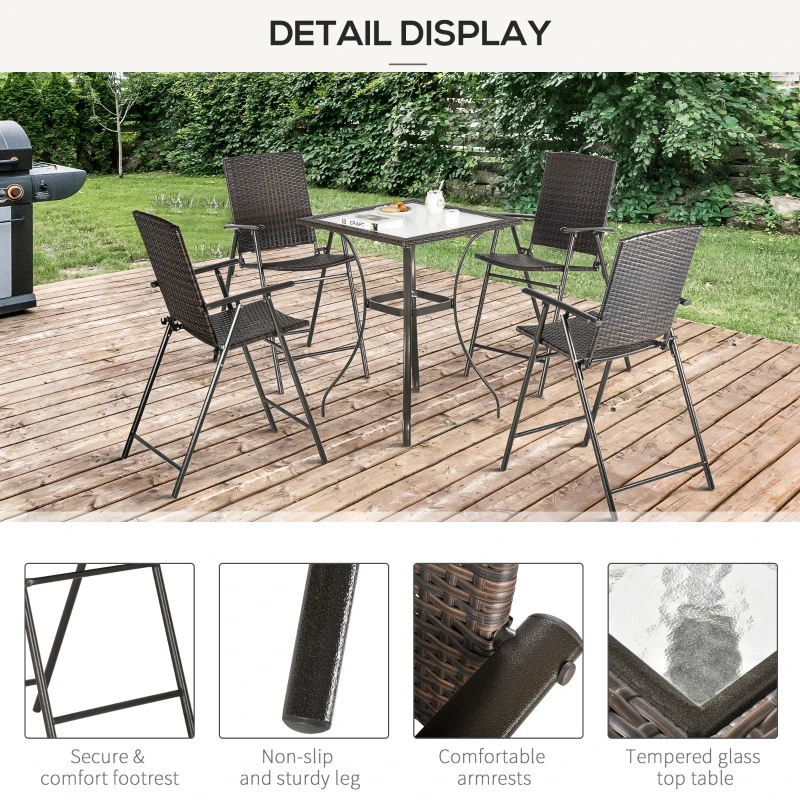 Outsunny Patio 5 PCS Rattan Wicker Bar Chairs Set Foldable Portable Outdoor & Indoor UV Resistant Barstools Garden Furniture Set w/ Glass Table Brown