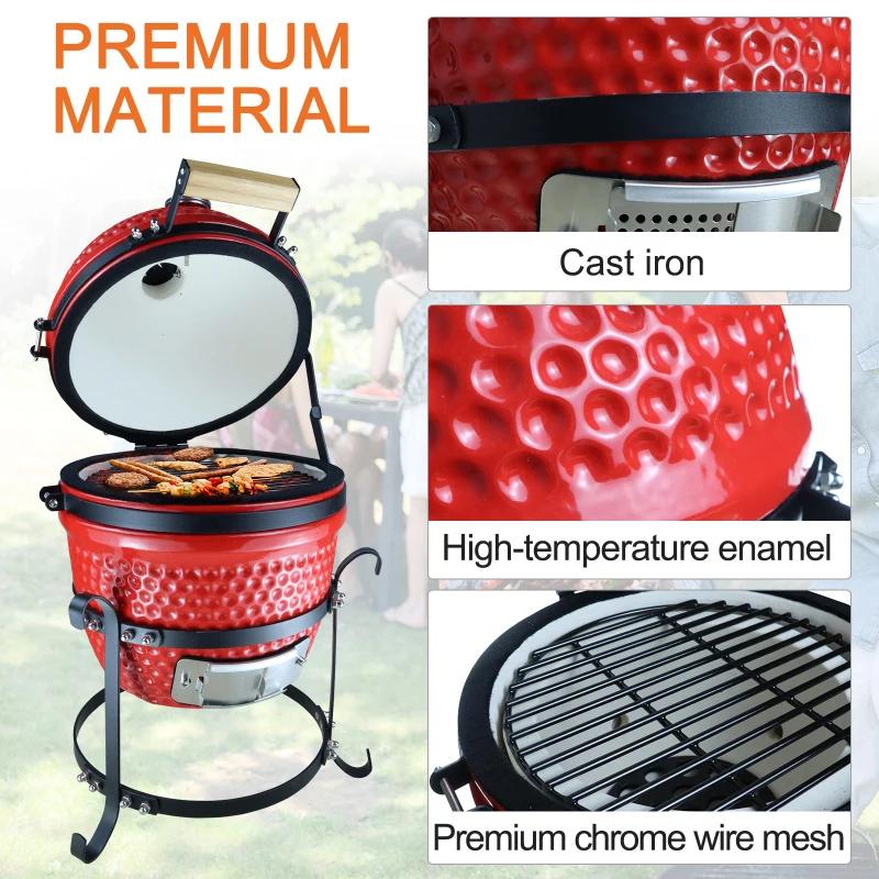 Outsunny Enamel Charcoal Grill Original BBQ Outdoor Picnic Cooking Smoker Garden Free Standing Heat Control Cooker Red