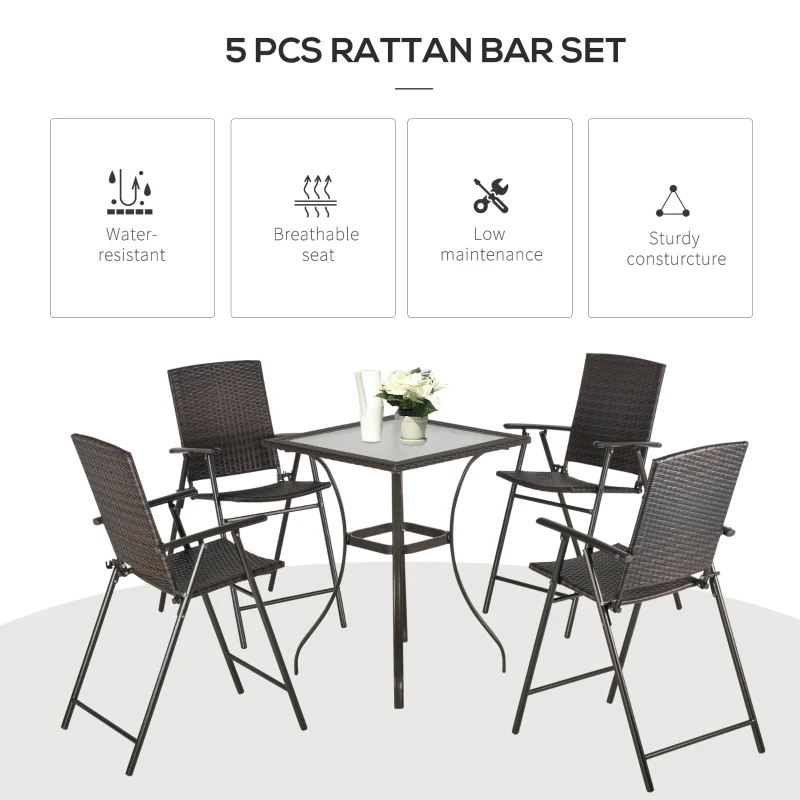 Outsunny Patio 5 PCS Rattan Wicker Bar Chairs Set Foldable Portable Outdoor & Indoor UV Resistant Barstools Garden Furniture Set w/ Glass Table Brown
