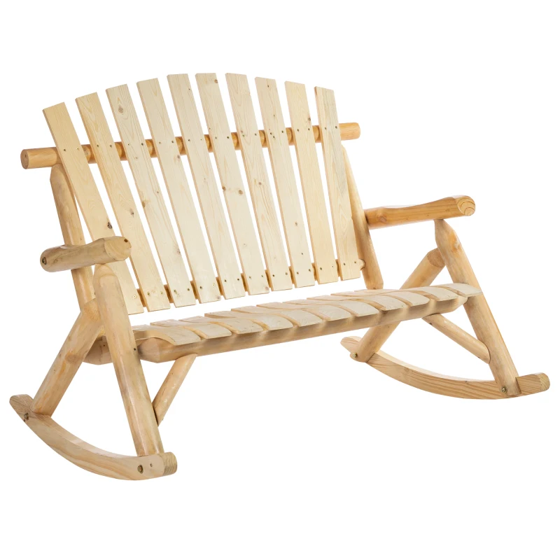 Outsunny Wooden Adirondack Rocking Chair, Outdoor Rustic Double Rocking Chair with Slatted Design for 2 Persons, Suit for Garden, Balcony, Porch, Natural