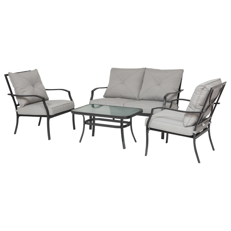 Outsunny 4pc Garden Conversation Set Outdoor Sofa Set Metal Frame w/ Foam Cushions Loveseat 2 Arm Chairs and Glass Top Tea Table Grey