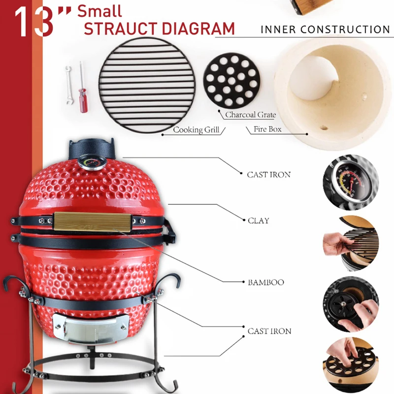 Outsunny Enamel Charcoal Grill Original BBQ Outdoor Picnic Cooking Smoker Garden Free Standing Heat Control Cooker Red