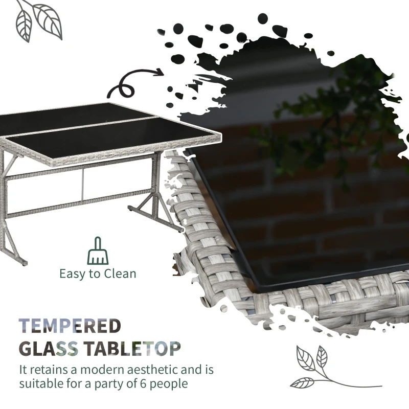 Outsunny 5 Pieces Wicker Patio Dining Set Outdoor Furniture Set with Removable Cushions, Glass Top Dining Table, Loveseats and Ottomans, Rattan Conversation Set for Garden, Grey