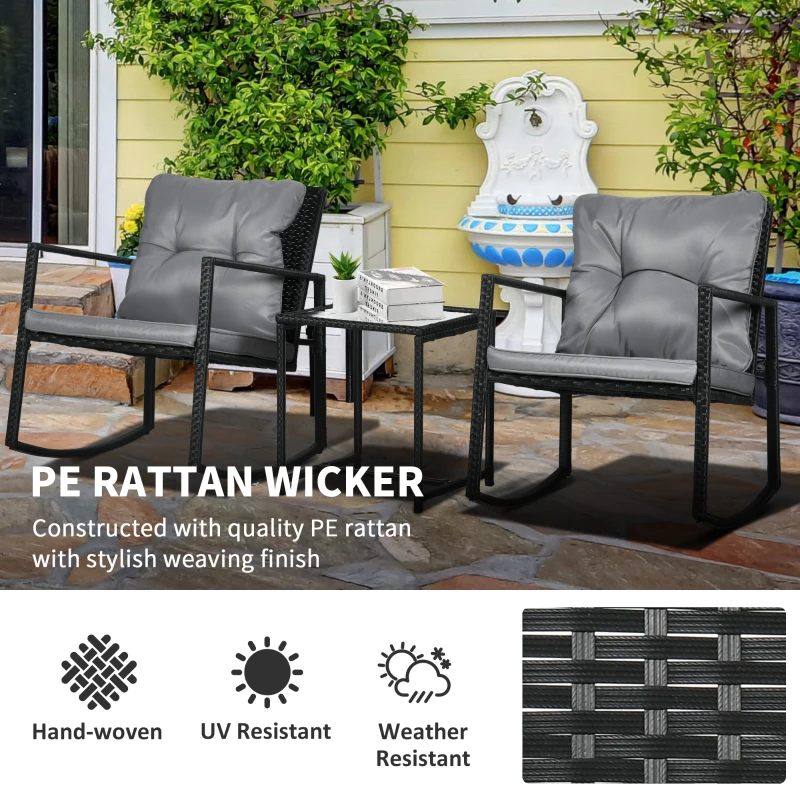 Outsunny 3 Pieces Rocking Bistro Set, Outdoor Wicker Patio Furniture with Glass Coffee Table and Outside Rocking Chairs for Porch, Lawn, Conversation Sets with Thick Cushions, Gray