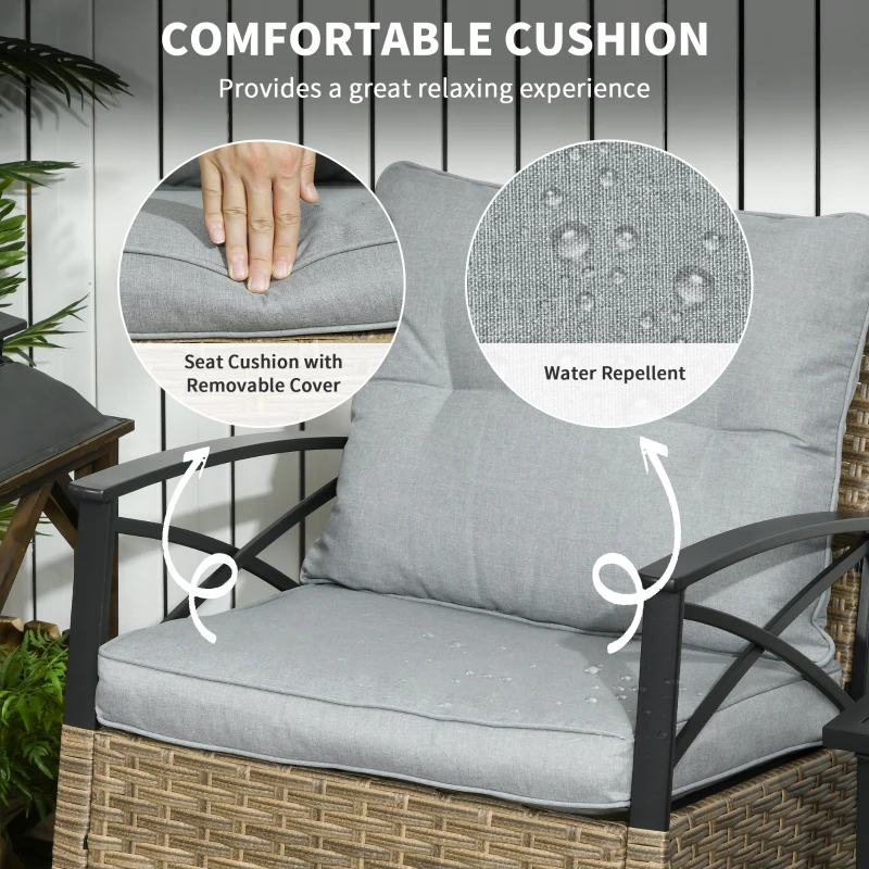 Outsunny 3 Pcs Outdoor PE Rattan Rocking Chair Set, Bistro Set with Two-tier Table, Padded Cushions for Garden, Grey