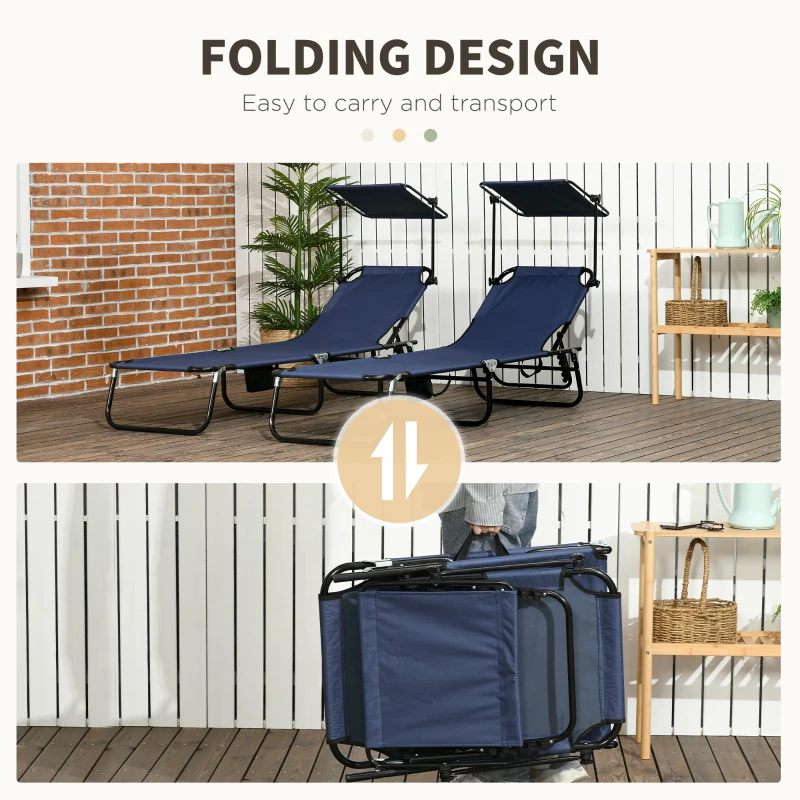 Outsunny Folding Chaise Lounge Pool Lounge Chairs Set of 2, Outdoor Sun Tanning Chairs with Canopy Shade, Reclining Back, Steel Frame and Side Pocket for Beach, Yard, Patio, Dark Blue