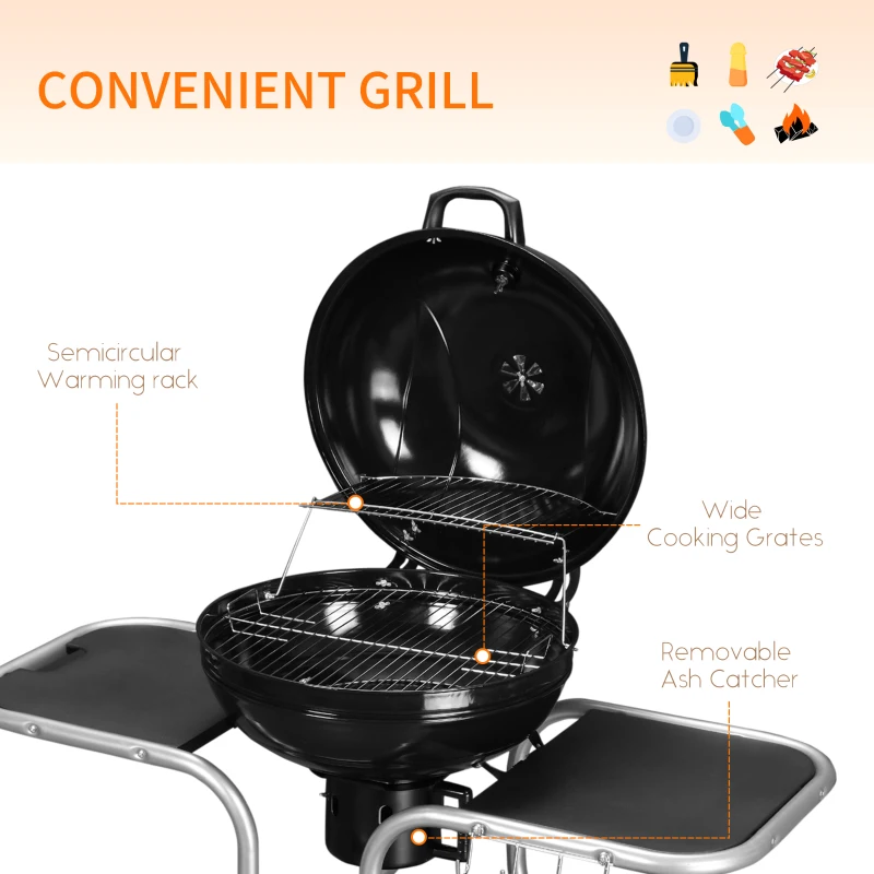 Outsunny Portable Charcoal Kettle Grill Outdoor Barbecue Trolley BBQ Heat Smoker Grilling with Free Standing