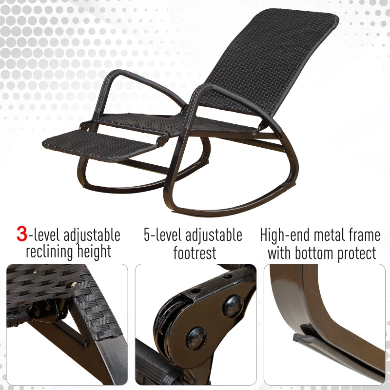 Outsunny Patio Adjustable Rattan Rocking Lounge Chair Garden Rocker Outdoor Foldable Recliner Seat w/ Retractable Footrest Black