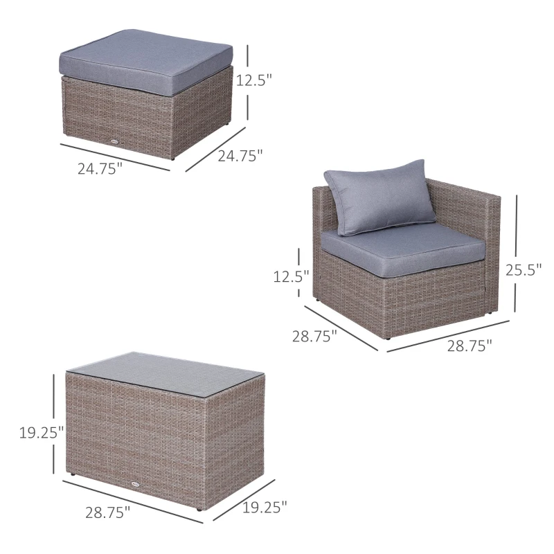 Outsunny 5 Piece Rattan Wicker Outdoor Patio Conversation Set 2 Cushioned Single Sofa Chair Foot Stool Glass End Desk Coffee Table Black