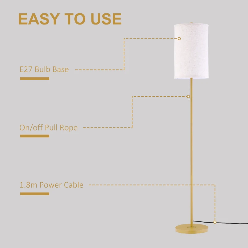 HOMCOM Modern Floor Lamp w/ Steel Frame and Pull Rope Switch, Standing Lamp for Living Room, Bedroom, Office