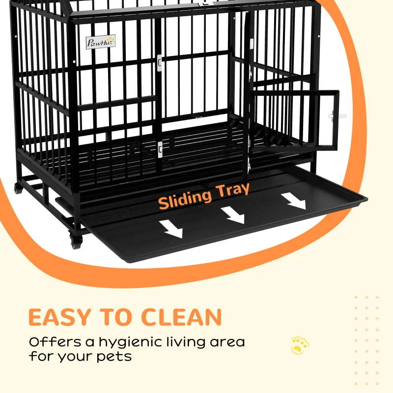 PawHut 49" Heavy Duty Dog Crate, Strong Steel Indestructible Large Dog Crate with 4 Lockable Wheels, Double Doors, Openable Top and Removable Tray, for Extra Large and Large Breeds, Black