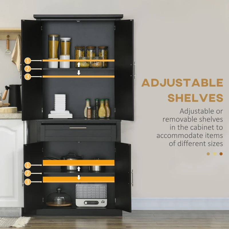 HOMCOM 72" Kitchen Pantry Cabinet, Freestanding Storage Cabinet, 4-Door Cabinet with Drawer and Adjustable Shelves, Black