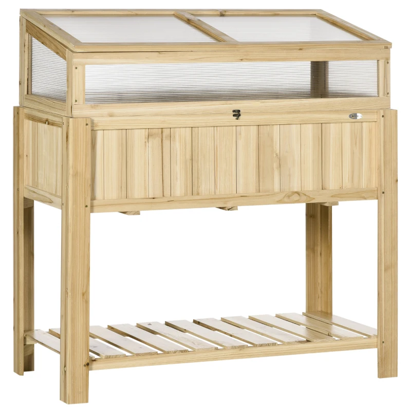 Outsunny Raised Garden Bed, Outdoor Wooden & PVC Elevated Planter Box with Cold Frame Greenhouse and Storage Shelf, Natural