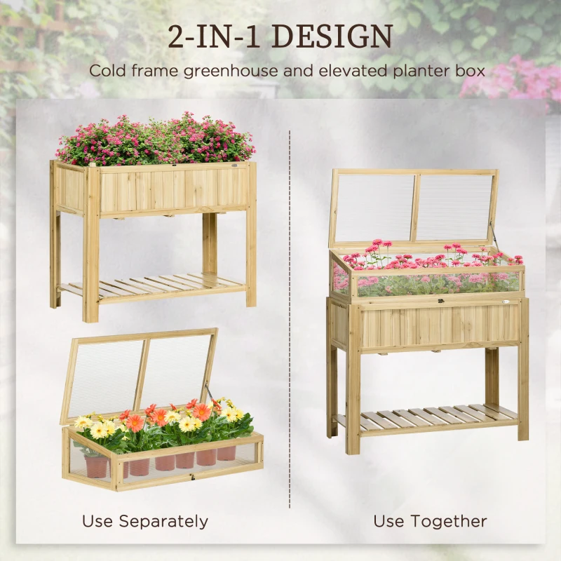 Outsunny Raised Garden Bed, Outdoor Wooden & PVC Elevated Planter Box with Cold Frame Greenhouse and Storage Shelf, Natural