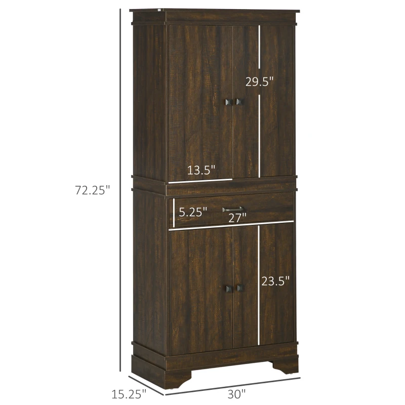 HOMCOM 72" 4-Door Kitchen Pantry with Drawer and 3 Shelves, Walnut
