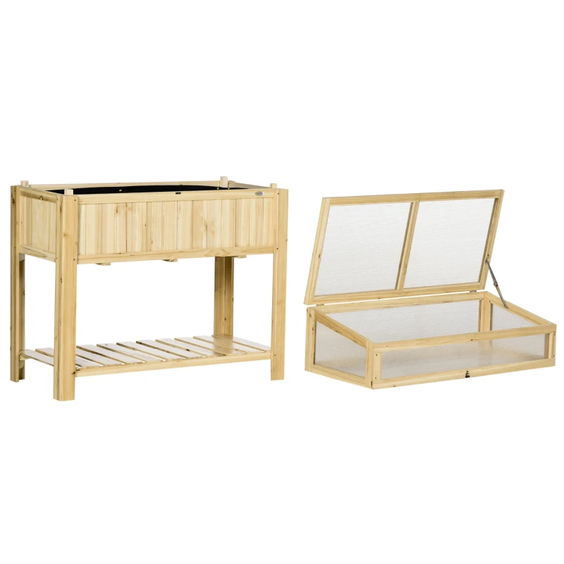 Outsunny Raised Garden Bed, Outdoor Wooden & PVC Elevated Planter Box with Cold Frame Greenhouse and Storage Shelf, Natural