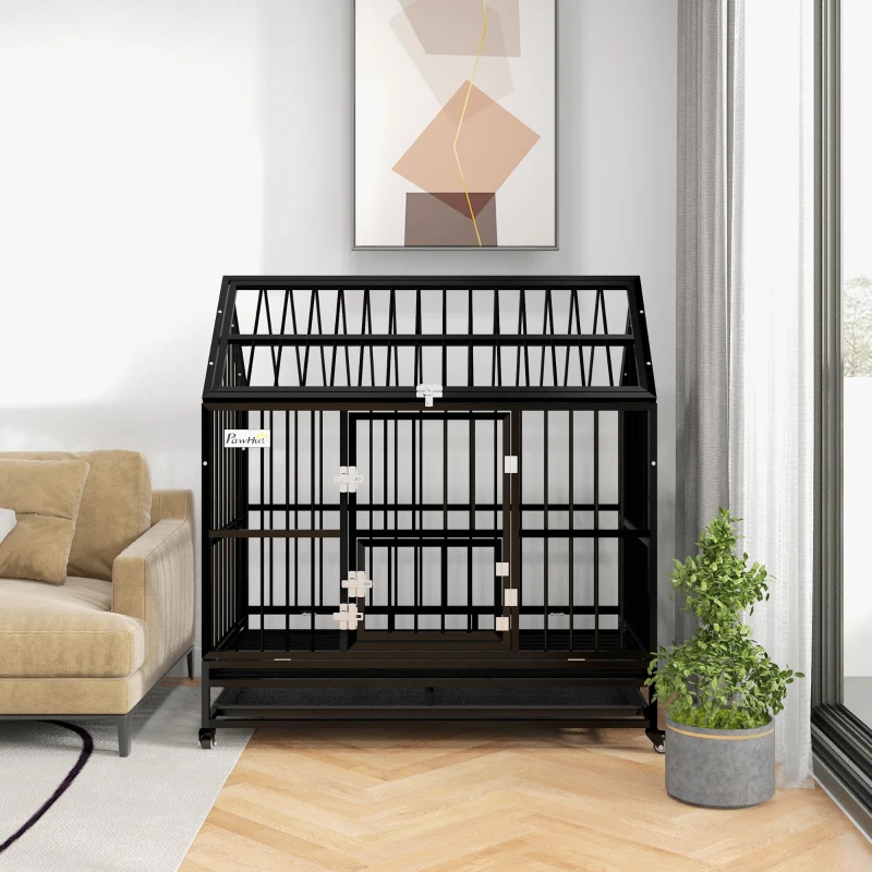 PawHut 49" Heavy Duty Dog Crate, Strong Steel Indestructible Large Dog Crate with 4 Lockable Wheels, Double Doors, Openable Top and Removable Tray, for Extra Large and Large Breeds, Black