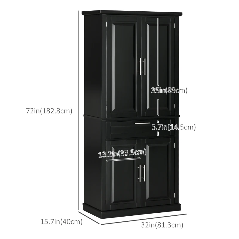 HOMCOM 72" Kitchen Pantry Cabinet, Freestanding Storage Cabinet, 4-Door Cabinet with Drawer and Adjustable Shelves, Black
