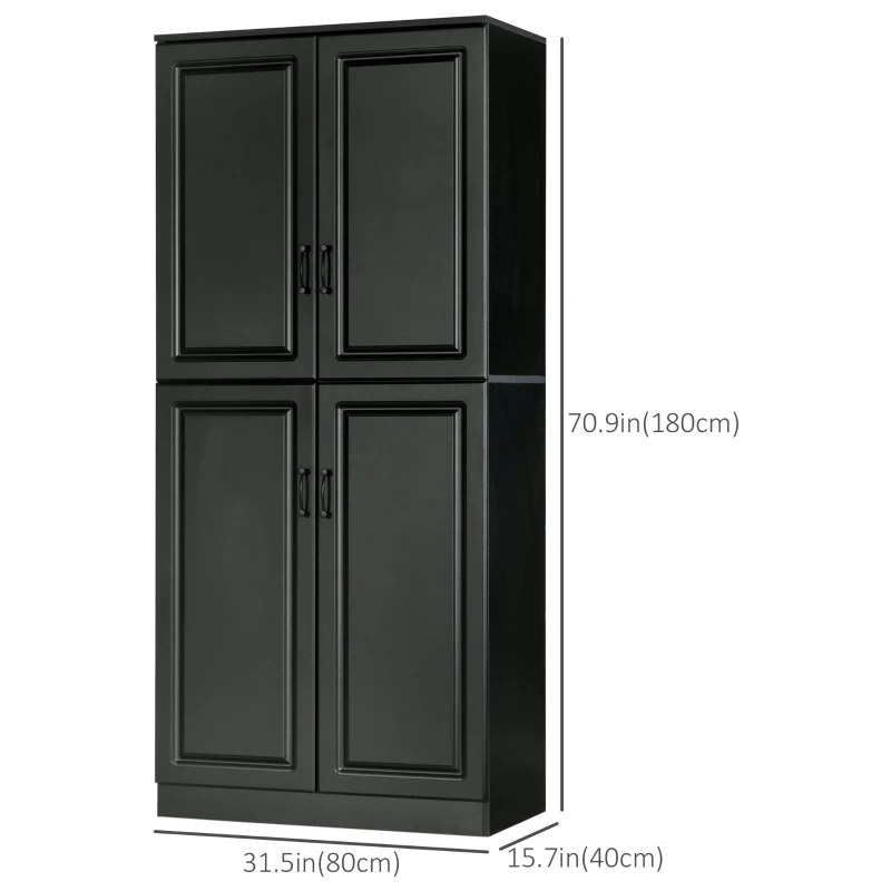 HOMCOM 71" Freestanding Kitchen Pantry Cabinet, Storage Cabinet with 4 Hinged Doors and Adjustable Shelves, Black