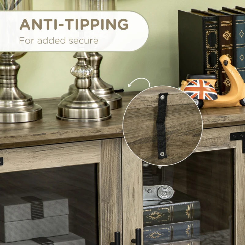 HOMCOM Farmhouse Style Buffet Cabinet, Glass Door Sideboard, Kitchen Storage Cabinet, Coffee Bar, Distressed Grey