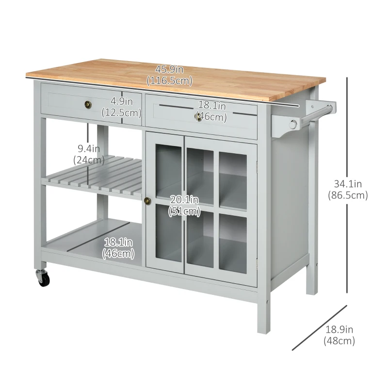 HOMCOM Kitchen Cart on Wheels, Utility Storage Island with Rubber Wood Top, Towel Rack, Cabinets, Drawers, Gray