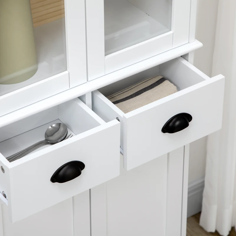 HOMCOM 61" Kitchen Pantry Cabinet, Freestanding Farmhouse Buffet Storage Cabinet with Soft Close Glass Doors and Adjustable Shelves, White